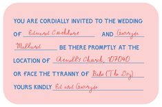 a pink and blue wedding card with the words you are cordially married to the groom