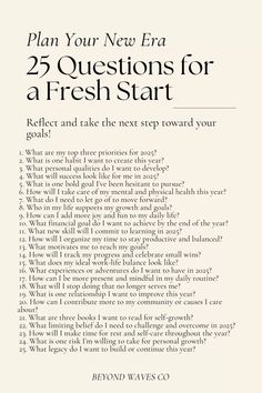 Start 2025 with clarity and purpose by answering these 25 powerful questions designed to help you plan your new era. Reflect on your goals, habits, and aspirations to create a roadmap for success in the new year. Perfect for anyone seeking personal growth, goal setting, and a fresh start in 2025! 🌊✨  #25QuestionsFor2025 #PlanYourNewEra #GoalSetting2025 #PersonalGrowth #NewYearsResolutions #SelfReflection #RoadmapToSuccess #2025Goals #achieveyourdreams 2025 Goals Ideas, How To Plan For The New Year, Planning For The New Year, How To Plan 2025, 2025 Goal Setting, 2025 Journal Prompts, New Year Aspirations, Plan Your New Era Questions, New Era Journal Prompts