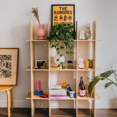 a living room with bookshelves and plants on the shelf next to each other