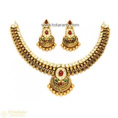 22K Gold Antique Necklace & Drop Earrings Set With Fancy Stones - 235-GS2986 - Buy this Latest Indian Gold Jewelry Design in 76.250 Grams for a low price of  $4,020.00 Antique Hand Set Necklace For Gift, Vintage Hand Set Yellow Gold Jewelry, Round Hand Set Costume Jewelry Necklace, Vintage Gold Jewelry Sets For Festive Occasion, Vintage Yellow Gold Necklace With Jewels, Vintage Yellow Gold Necklaces With Jewels, Vintage Yellow Gold Jewelry For Festive Occasions, Vintage Round Hand Set Jewelry, Vintage Hand Set Round Jewelry