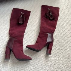 Beautiful Burgundy Suede Aquatalia Boots. Never Wornjust Tried On Inside. Size 7.5 Questions? Leave A Comment Below! Fall Gala Pointed Toe Heels, Fall Galas Round Toe Heels, Designer Block Heel Boots For Fall, Burgundy Calf Leather Boots For Fall, Elegant Burgundy Knee-high Boots, Elegant Burgundy Heels For Winter, Fall Suede Boots With 4-inch Heel, Designer Suede Heeled Boots For Fall, Burgundy Leather Heeled Boots For Winter