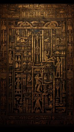 an ancient egyptian painting with gold and black colors