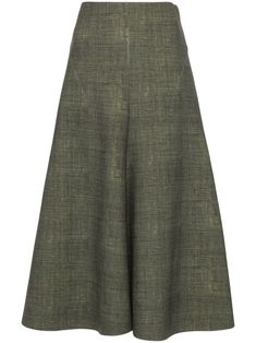 olive green soft scuba jersey slub texture A-line concealed side zip fastening high-waisted unlined straight hem mid-length Green A-line Workwear Skirt, Elegant Olive Bottoms For Workwear, Green Knee-length Skirt For Workwear, Green Midi Length Workwear Bottoms, Chic Green Knee-length Bottoms, Green Midi Length Lined Skirt, Green Lined Midi Skirt, Green Midi Length Bottoms For Fall, Khaki Flared Lined Skirt