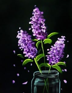 a painting of purple flowers in a mason jar