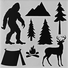 the silhouettes of different types of animals and trees