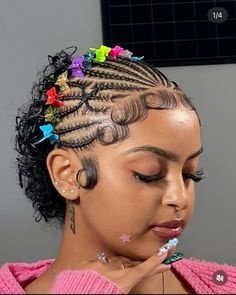 Stitch braids, butterfly clips, edges, extra baby hair, hair inspo, 3b curls, freestylebraids, tribal braids, half braid half curly Iconic Hairstyles, Quick Natural Hair Styles, Quick Braided Hairstyles, Protective Hairstyles Braids, Pretty Braided Hairstyles, Hairdos For Curly Hair, Natural Curls Hairstyles, Natural Hair Braids, Cornrow