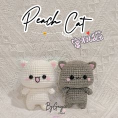 two small crocheted animals sitting next to each other on a white surface with the caption peach cat