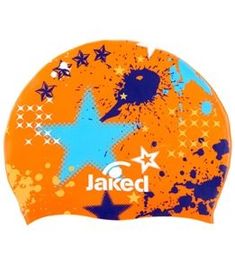 an orange and blue swimming cap with stars on the front, which says jaked