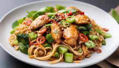 a white plate topped with noodles and chicken covered in sauce, broccoli and peppers