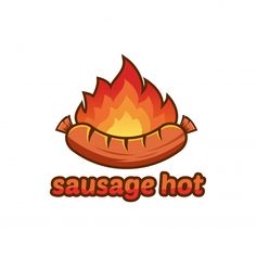 a hot dog with flames on it's face and the word sausage hot written in red