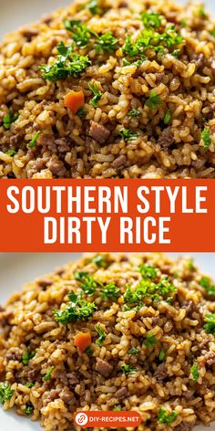 two plates filled with rice and vegetables on top of each other, the words southern style dirty