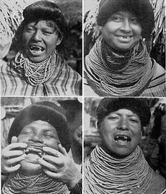 four different pictures of people with necklaces on their neck and hands, one is holding a camera