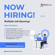 a flyer for a job opening with an image of a man sitting at a desk