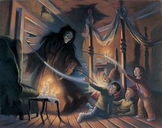 a painting of people in a room with one person holding a wand and the other is pointing