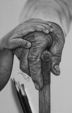 a pencil drawing of an old hand holding a wooden stick