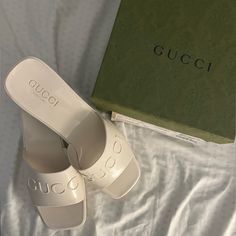 Gently Used Rubber Heel In Mystic White. Worn No More Than 5 Times And Come With Original Box. Purchased New From Nordstrom. Shoes Gucci, Rubber Sandals, Gucci Shoes, Rubber Heels, No More, Original Box, Color White, Nordstrom, Gucci