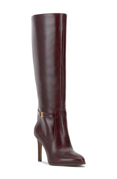 Brushed logo hardware and rich leather distinguish a knee-high boot balanced by an almond toe and tapered heel. 3 1/2" heel 15 1/4" shaft; 15 1/4" regular calf circumference 15 1/4" shaft; 16" wide calf circumference 15 1/4" shaft; 17 1/4" extended calf circumference Side zip closure with elastic gore inset Leather upper/synthetic lining and sole Imported Women’s Boots, Fall Thrifting, Espresso Girl, Burgundy Knee High Boots, Burgundy Boots, Limited Palette, Making Clothes, Burgundy Shoes, Girly Shoes