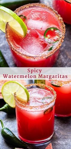 two glasses filled with watermelon margaritas and lime wedged in the middle