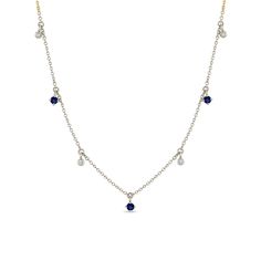 14k gold cable chain necklace with 7 alternating bezel set round diamond and round blue sapphire charms of mixed sizes stationed evenly apart on the chainSPECIFICS • 14k cable chain is adjustable at 14-15-16"• round blue sapphires are approx. 2mm each• round diamonds are approx. 1.5mm each• white diamonds .06 ctw Sapphire Diamond Necklace, Diamonds Necklace, Cable Chain Necklace, Blue Sapphire Diamond, Station Necklace, White Diamonds, Bezel Setting, Cable Chain, Diamond White