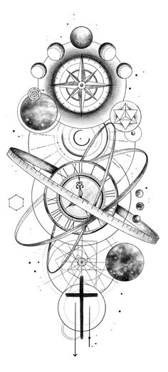 a black and white drawing of an abstract design with circles, stars, planets, and a cross