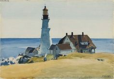 a painting of a lighthouse on the beach