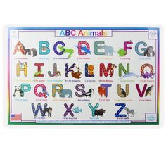 an alphabet poster with animals and letters on the front, in multicolored colors