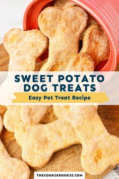 sweet potato dog treats in a red bowl on a cutting board with text overlay