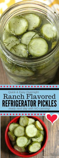 pickled cucumbers in a mason jar with text overlay reading ranch flavored refrigerator pickles