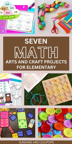 the cover of seven math arts and craft projects for elementary children with pictures of different materials