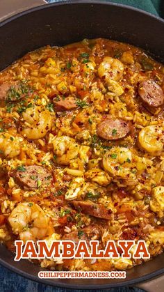 Jambalaya in a big skillet Jambalaya Without Shrimp, New Orleans Style Jambalaya, Justin Wilson Jambalaya Recipe, Shrimp Sausage And Chicken Recipes, Jumbolia Recipes Dutch Oven, Jambayla Recipe Easy, Jambalaya Recipe Crockpot Shrimp Chicken Sausage, Chicken Sausage Jumbolia Recipes, Chicken And Shrimp Jumbalya