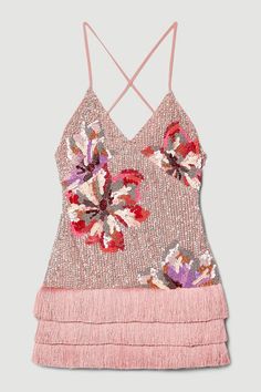 Mixed Sequin & Beaded Fringed Mini Dress | Karen Millen Unique Prom Dresses, Wedding Guest Dresses, Sequin Beading, Karen Millen, Floral Motifs, Fashion Face, Guest Dresses, Dress Fabric, Wedding Guest Dress