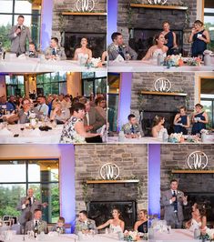 a collage of photos showing the wedding party