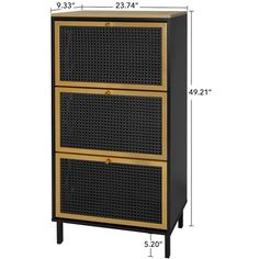 an image of a black and gold cabinet with three baskets on it's sides