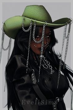 a woman wearing a green hat with chains around her neck