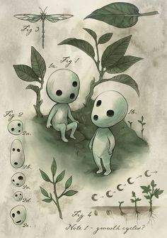 two little people standing next to each other in front of green plants and dragonflies