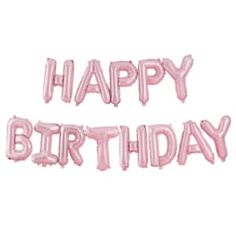 the words happy birthday are made out of pink foil balloons on a white background,