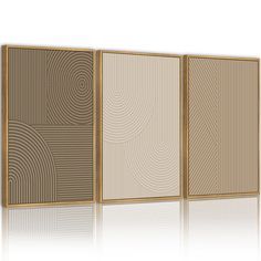 three panels with different shapes and sizes are shown on a white background, each panel has an abstract design