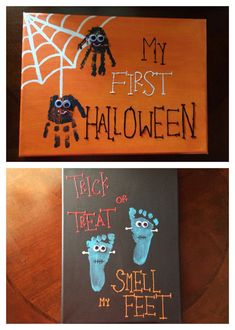 handprinted halloween canvass are displayed in two different ways, one is black and the other is orange