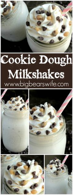 cookie dough milkshakes with chocolate chips and marshmallows in a mason jar