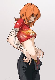 a drawing of a woman with tattoos on her chest and hands behind her back, standing in front of a gray background