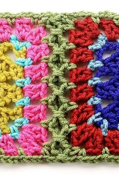 two crocheted squares with different colors on them