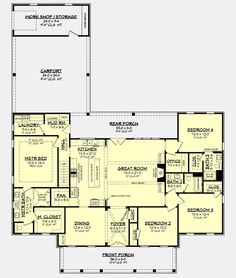 the first floor plan for a house with two master suites and an attached garage area