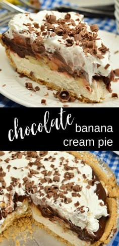 chocolate banana cream pie on a blue and white checkered tablecloth with text overlay