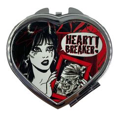 Elvira heartbreaker heart shaped compact, metal compact with non magnifying mirror inside, compact approx 2.75" w, an exclusive bootique valentines deisgn. Printed in the USA Altoid Aesthetic, Cool Items To Buy, Emo Gifts, Goth Gifts, Black Cat Aesthetic, Beautiful Butterfly Photography, Heart Breaker, Weird Gifts, Magnifying Mirror