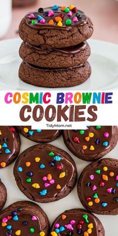 chocolate cookies stacked on top of each other with sprinkles