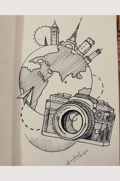 a drawing of a camera on top of a piece of paper with the earth in the background