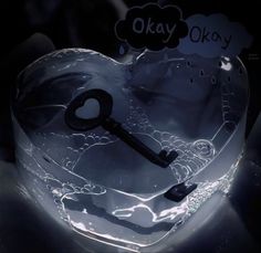 a heart shaped glass box with a key in it that says okay on the inside