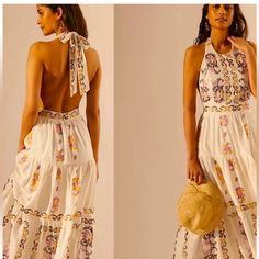 Anthropologie Medallion Embroidered Halter Neck Backless Tiered Boho Maxi Dress Summer Embroidered Halter Neck Dress, Embroidered Halter Neck Summer Dress, Embroidered Halter Neck Dress For Summer, Bohemian Maxi Dress With Floral Embroidery For Brunch, Summer Floral Embroidered Halter Neck Dress, Floral Embroidered Halter Neck Beach Dress, Summer Halter Neck Dresses With Floral Embroidery, Beach Dresses With Floral Embroidery And Halter Neck, Chic Sleeveless Maxi Dress With Floral Embroidery