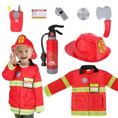 a fireman's uniform is shown with tools and supplies to make him happy