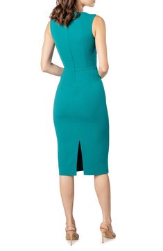 A modernized Queen Anne neckline sets the tone on this sleek and sophisticated sheath that hits just past the knee. 43 1/2" length (size Medium) Hidden back-zip closure Queen Anne neck Sleeveless Back vent Lined 97% polyester, 3% spandex Machine wash, line dry Imported Special Occasion Fitted Midi Dress With Sweetheart Neckline And Flattering Silhouette, Sheath Bodycon Dress With Fitted Bodice And Flattering Silhouette, Sheath Bodycon Dress With Fitted Bodice, Flattering Sheath Bodycon Dress With Fitted Bodice, Midi Dress With Straight Neckline And Back Zipper, Knee-length Midi Dress With Flattering Cut For Cocktail, Fitted Midi Dress With Back Zipper And Straight Neckline, Flattering Knee-length Cocktail Bodycon Dress, Chic Knee-length Bodycon Dress With Fitted Bodice